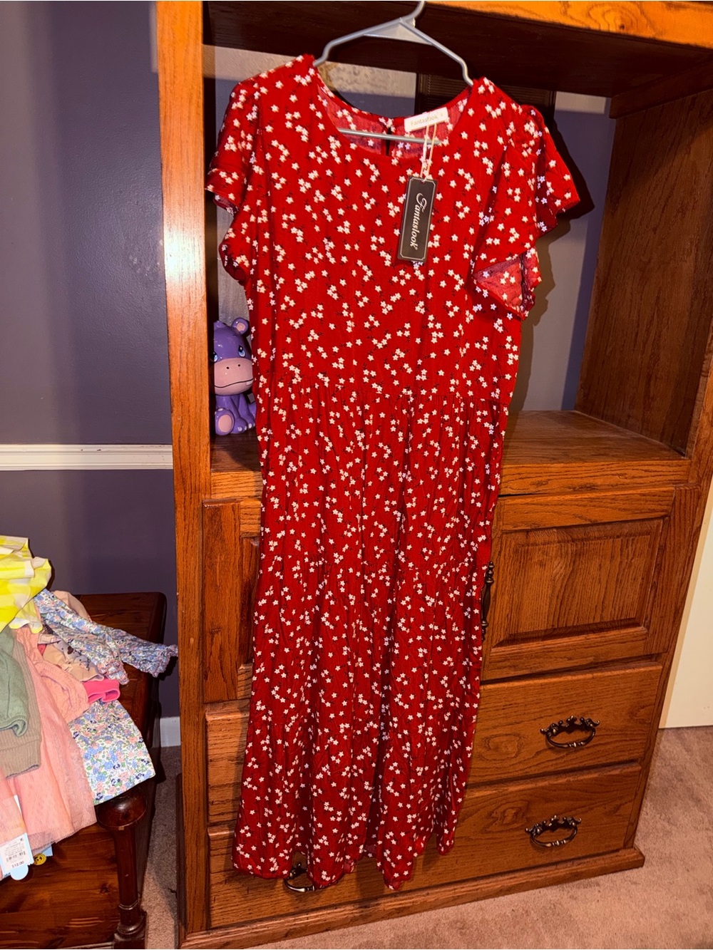 Fantaslook | Red Floral Maxi Dress with Short Sleeves, size M NWT